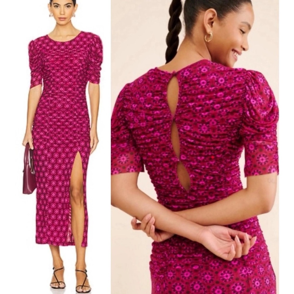 Free People Briella Floral Side Slit Dress with Puff Sleeves in Fuchsia Medium